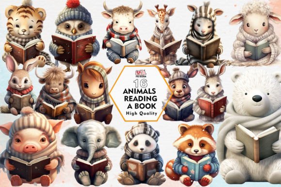 Charming Animals Reading a Book Clipart PNG for Creative Design