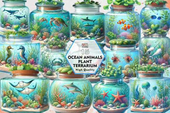 Creative Assets: Ocean Animals Plant Terrarium Clipart for Design