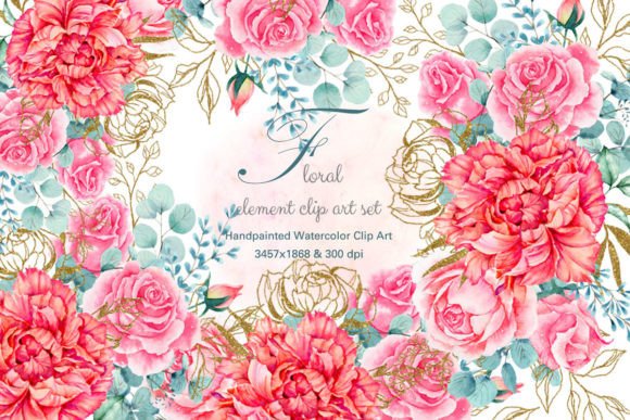 Elegant Pink and Gold Floral Clip Art for Modern Design