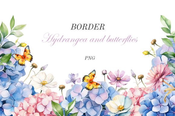 Hydrangea Border: Flowers and Butterfly Watercolor Design