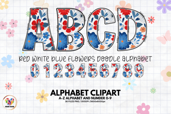 Red White Blue Flower Doodle Alphabet: A Creative Asset