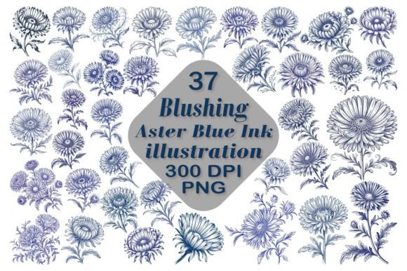 Timeless Blue Ink Aster Illustrations for Elegant Design