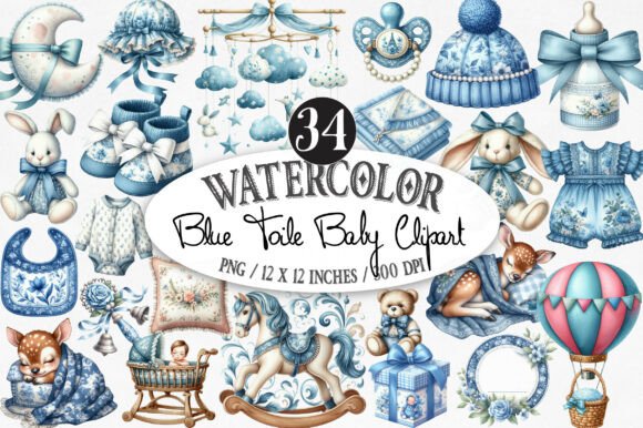 Watercolor Blue Toile Baby Clipart for Elegant Design