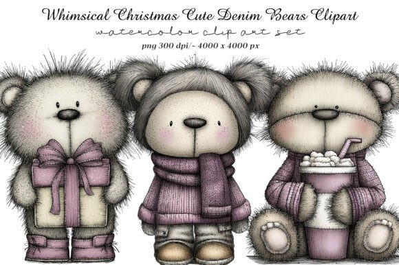 Whimsical Christmas Denim Bears for Festive Designs